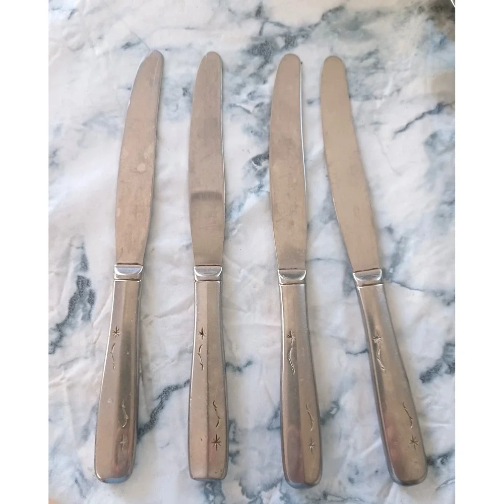 Vintage Atomic Starburst Dinner‎ Knives Set 4 Mid Century Stainless Steel Retro